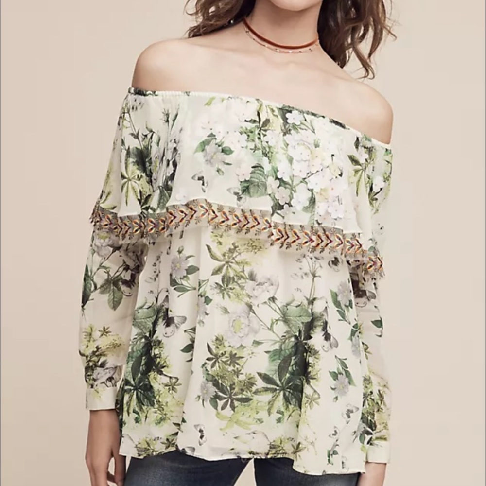 Anthropologie Virun Bahl Off the shoulder floral print blouse. Size XL.